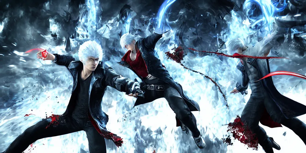Image similar to dmc 5 vergil fighting dante, digital art with background by chengwei pan