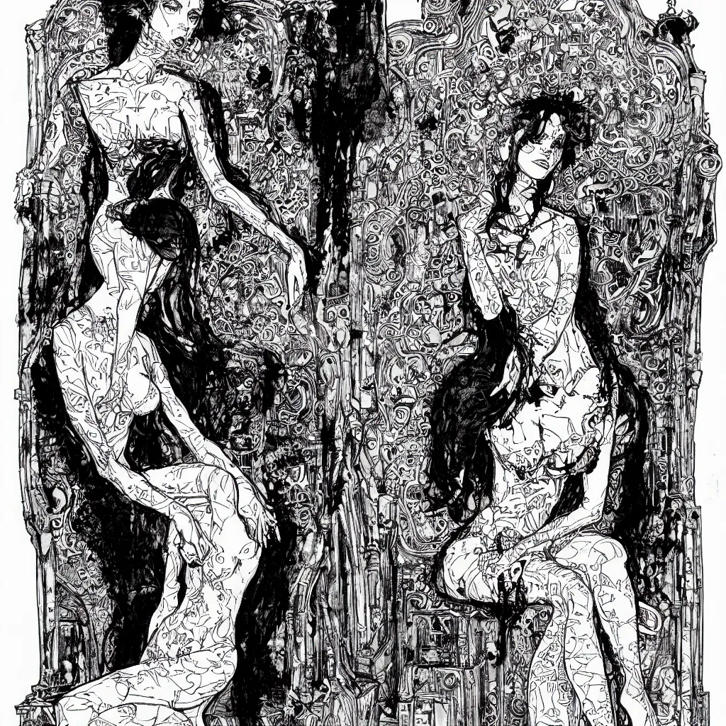 Prompt: salome full figure standing and king sitting on throne sketchbook ink drawing by james jean highly detailed high contrast