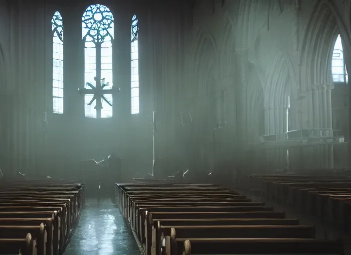 Image similar to cinematic shot inside an cathedral, ambient green light, medium fog, shadowy figures performing a ritual, eerie