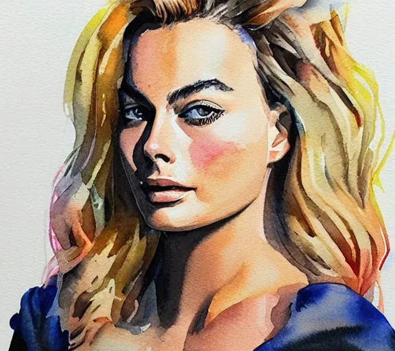 Image similar to A portrait of margot robbie made out of watercolor, trending on artstation