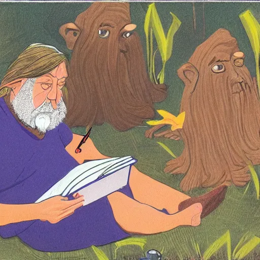 Prompt: robert wyatt sitting on the ground, reading a book to some goblins, artwork