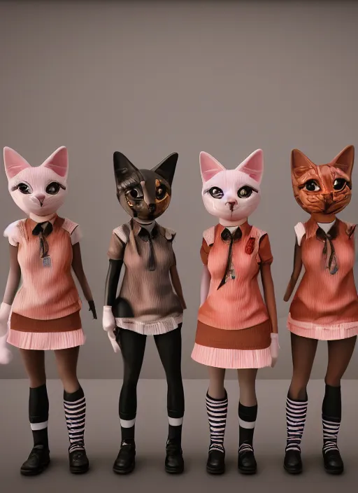 Image similar to schoolgirls selling plastic cats, photorealistic, canon r 3, symmetry, octane render, unreal engine, dramatic lights