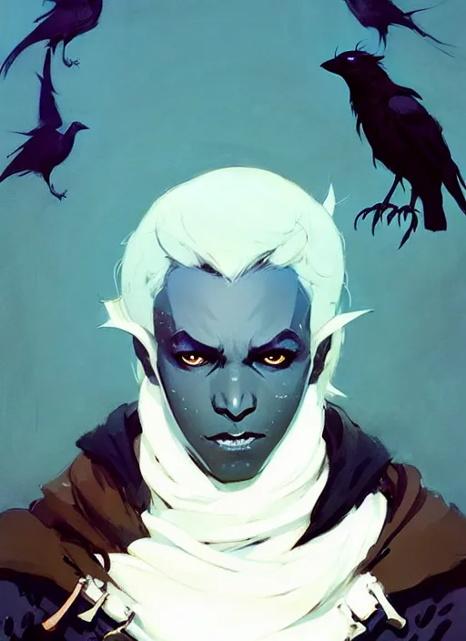 Image similar to ( ( ( ( ( portrait of male drow from dungeons and dragons surrounded by crows. ) ) ) ) ) by atey ghailan, by greg rutkowski, by greg tocchini, by james gilleard, by joe fenton, by kaethe butcher, dynamic lighting, gradient light blue, brown, blonde cream and white color scheme, grunge aesthetic