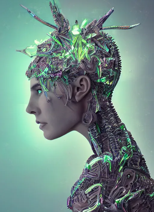Image similar to a hybrid humanoid androgyne muse with recursive horned wing crown attached to side of head, concept art, alien-like, sculpted iridescent optical mineralogy features, intricate detail, holographic, pixel sorting, style by James Jean, circuitry, organic detail, asymmetry, cinematic, epic wide shot, ultra detailed, artstation, sharp focus,smooth, cinematic lighting, cinematic detail, composition, photorealistic, render in unreal engine 5, golden ratio, 8k render