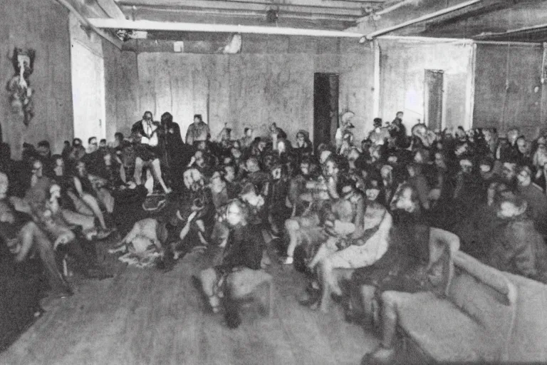 Image similar to found footage of a room of people staring at a live demon, eerie