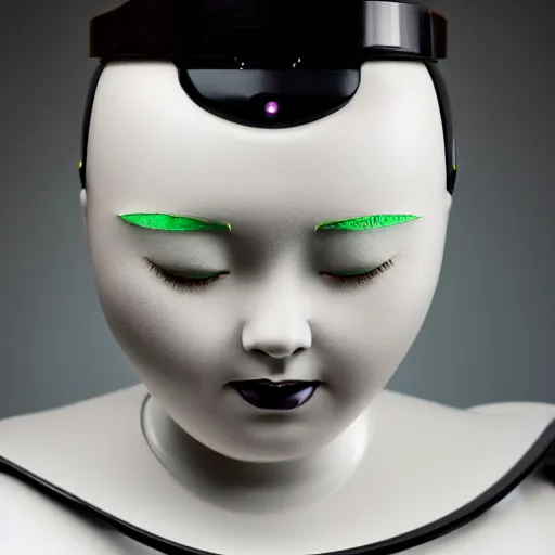 Image similar to minimalist photography portrait of a female porcelain robot, symmetrical, super close up, mid thirties, cute round green slanted eyes, white porcelain skin, wide nostrils, chubby cheeks, high flat eyebrows, black pistons, bjork, ethereal essence, angelic, leica 1 0 0 mm f 0. 8