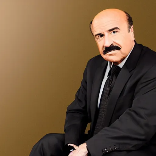 Image similar to a photograph of dr. phil as an evil supervillain, wearing all black, sitting in a throne