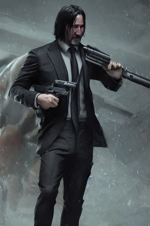 Image similar to John Wick holstering his rifle, full body shot, Artstation, Artstation Trending, Pinterest, Deviant Art, cinematic, concept art, 8k, cgsociety, hyper detailed, ultra realistic, illustration, epic, high resolution, post processing, high quality, unreal engine, digital art, very coherent, octane render, art by Yi Yang artstation + StTheo + Alan Van Ryzin,-W 512