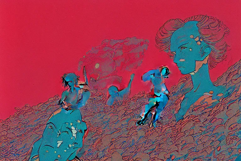 Prompt: risograph grainy drawing vintage sci - fi, satoshi kon color palette, gigantic gundam full - body covered in dead coral reef, 1 9 8 0, kodachrome, painting by moebius and satoshi kon and dirk dzimirsky close - up portrait