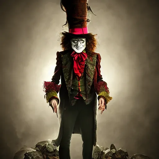 Prompt: full body pose, hyperrealistic photograph of the mad hatter, dim volumetric lighting, 8 k, octane beautifully detailed render, extremely hyper detailed, intricate, epic composition, cinematic lighting, masterpiece, trending on artstation, very very detailed, stunning, hdr, smooth, sharp focus, high resolution, award, winning photo, dslr, 5 0 mm