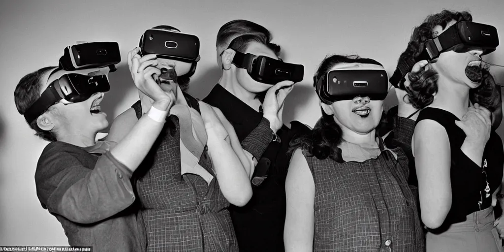 Image similar to people from the 1 9 5 0 s playing with virtual reality goggles, they are in awe, photograph