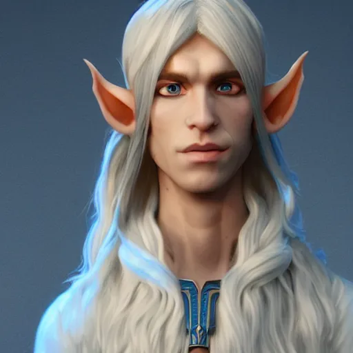 Image similar to a highly detailed male elf in full length, with white long hair, white clothes, bright blue eyes, artstation, DeviantArt, professional, octane render