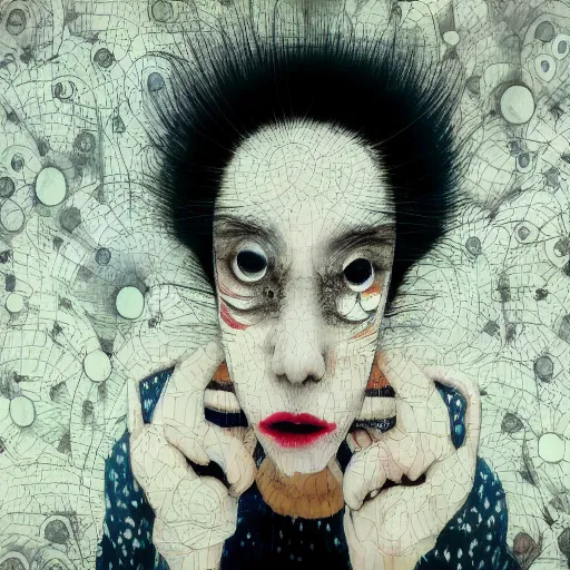 Image similar to yoshitaka amano blurred and dreamy realistic portrait of a woman with black eyes and white hair wearing dress suit with tie, junji ito abstract patterns in the background, satoshi kon anime, noisy film grain effect, highly detailed, renaissance oil painting, weird portrait angle, blurred lost edges, three quarter view