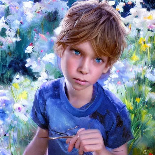 Prompt: a cute seven year old boy with tousled blonde hair and blue eyes in a lovely garden, beautiful painting by raymond swanland and magali villanueve, highly detailed face