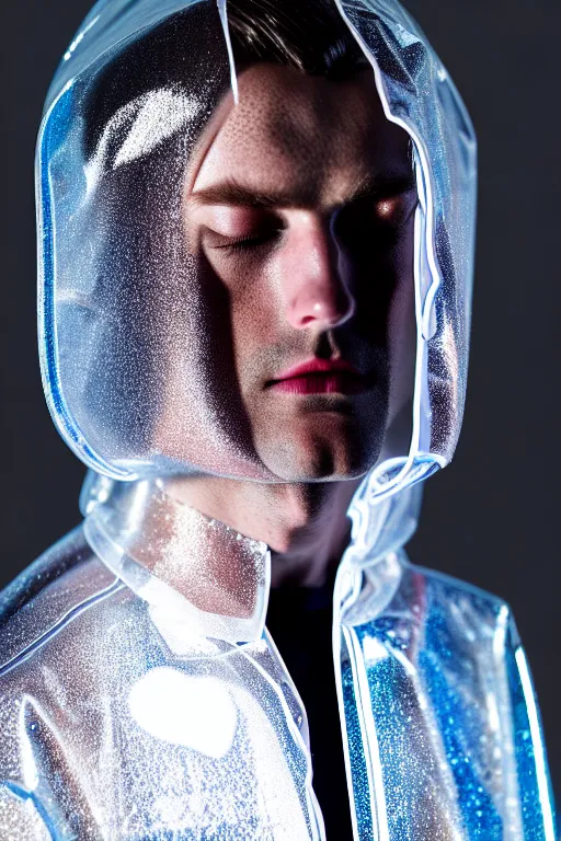 Prompt: an ultra high definition professional high fashion portrait studio full length photograph of a male model sleeping wearing a transparent pearlescent raincoat and neon visor in an icelandic black rock environment at dawn. no artefacts. extremely detailed. stark. refraction. shallow depth of field. volumetric light and shadow. ray tracing. light rays.