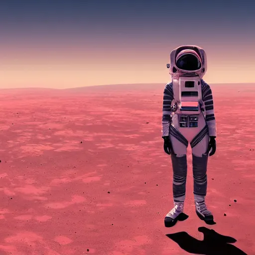 Image similar to A wide angle shot from below of a female astronaut with a feminine body walking with swagger towards camera on mars in an infinite universe , synthwave digital art