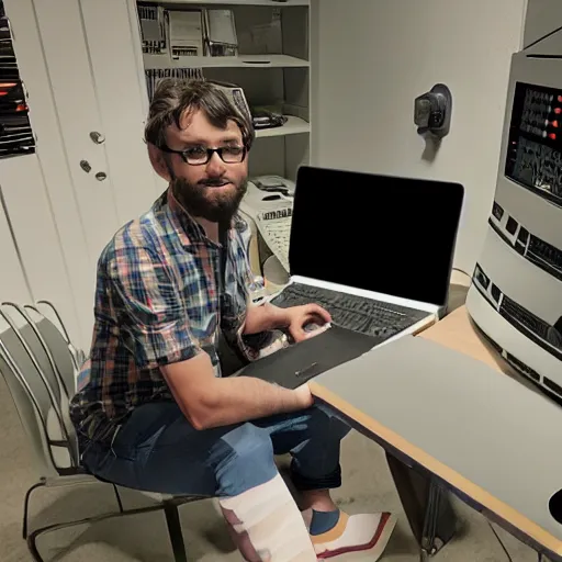 Prompt: Photo of God in his basement as a computer nerd with his computer that runs the simulation of the universe