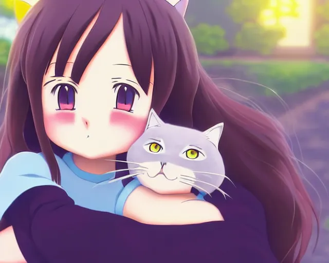 Image similar to anime fine details portrait of joyful girl hugging cat in school, bokeh. anime masterpiece by Studio Ghibli. 8k render, sharp high quality anime illustration in style of Ghibli, artstation