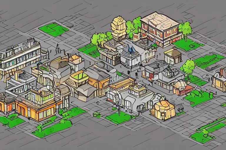 Prompt: isometric of townsquare, artwork by tooth wu