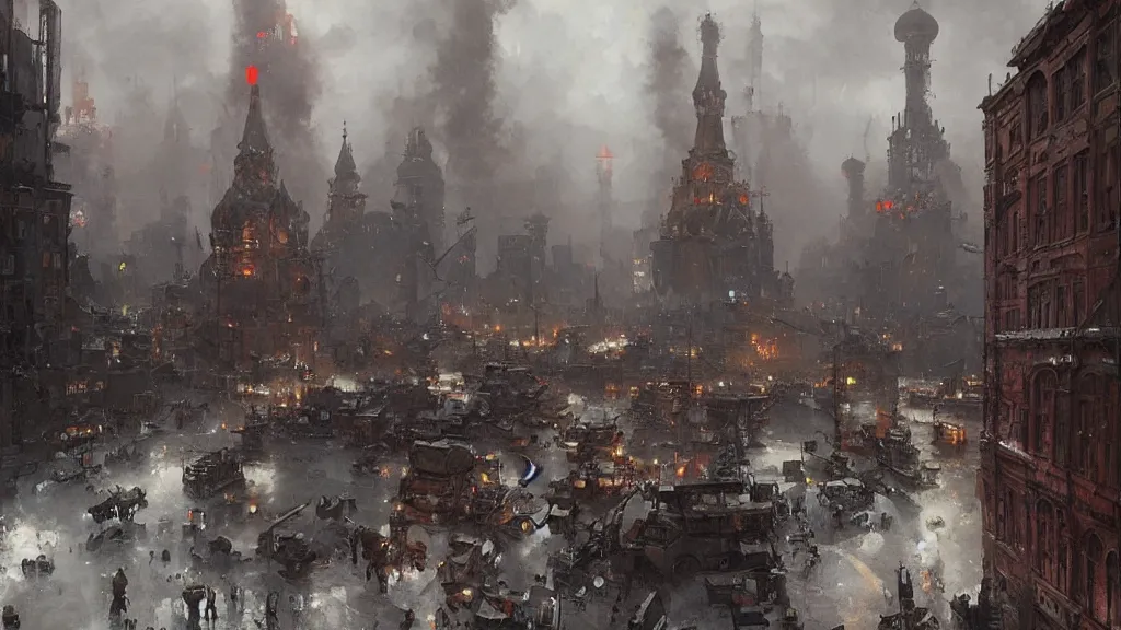 Image similar to russian revolution dieselpunk 1 9 1 0 cityscape, painting by greg rutkowski, craig mullins, levitan, rozalski