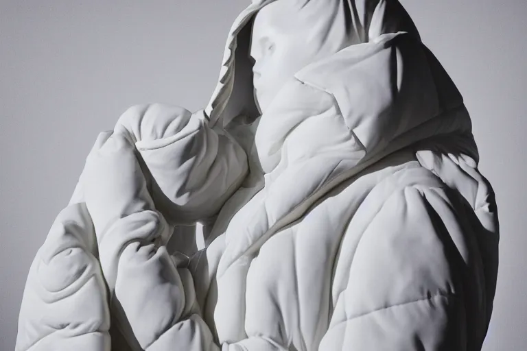 Image similar to well lit fashion shoot portrait of extremely beautiful female marble statue wearing huge over size puffer jacket by dingyun zhang, yeezy, balenciaga, vetements, a cold wall, sharp focus, clear, detailed,, cinematic, detailed, off white, glamourous, symmetrical, vogue, editorial, fashion, magazine shoot, glossy