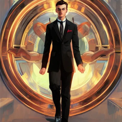 Prompt: character concept, wide angle, full body, symmetrical head - on centralized, young man with formal black suit. detailed, high quality, dynamic lightning, fantasy, scenematic. artwork by artgerm, wlop, alex ross, greg rutknowski, alphonse mucha