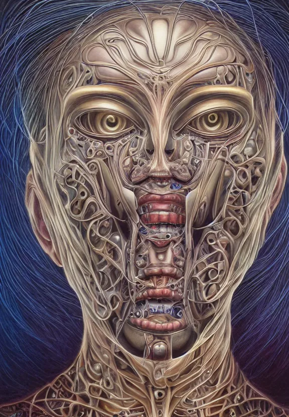 Image similar to perfectly centered portrait front view of a beautiful biomechanical alien robot, flowing hair, intense stare, sweet smile, symmetrical, concept art, intricate detail, volumetric shadows and lighting, realistic oil painting by alex grey,