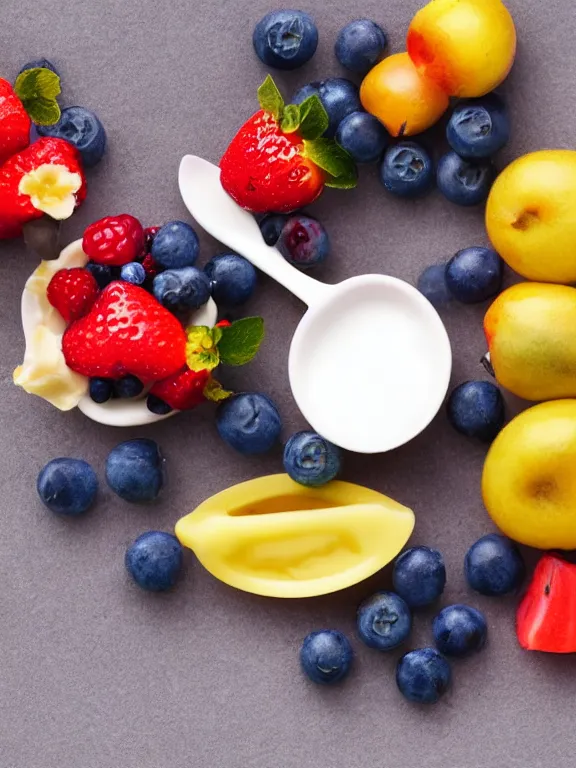 Image similar to miniature diorama of yogurt with spoon with fruits colorful