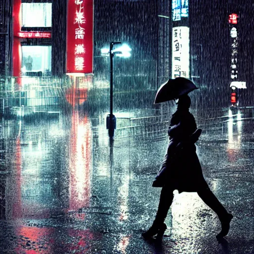 Image similar to cyborg woman, industrial designed, machined parts, illuminated micro led light circuits, walking dog in public, cinematic, raining, tokyo, streets, night, highly detailed, photographic, centered, by saroyama and greg rutkowski and james gurney