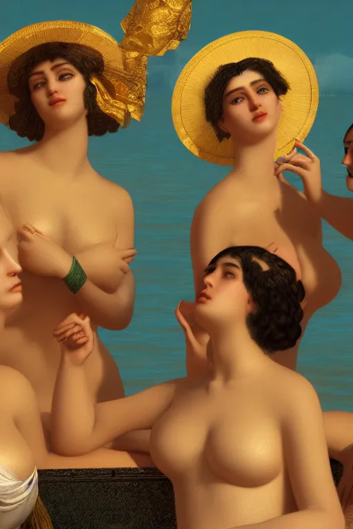 Image similar to masterpiece portrait of bathing beauties dressed in golden oriental ornaments, by Jean-Auguste-Dominique Ingres, wide angle, minimalistic cinematic composition, octane render, bokeh, unreal engine, 4k, 3d render, ultra-detailed, fantastic, great, beautiful