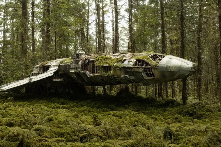 Prompt: derelict spaceship in a Forrest, hyper detailed, overgrown with moss, rusty metal, wildlife, daytime