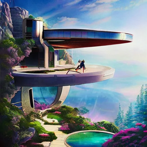 Prompt: A futuristic house with a pool, on top of a mountain, with a sunset, trending on Artstation matte painting futurism futuristic biopunk Thomas Kinkade