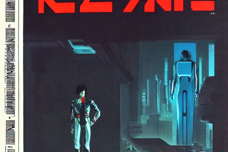 Image similar to 1979 OMNI Magazine Cover depicting a tall creepy man standing in a lair. Cyberpunk Akira style by Vincent Di Fate