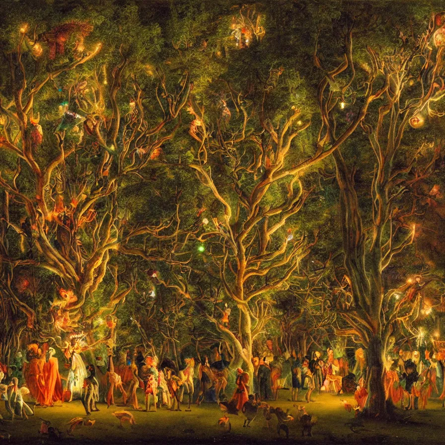 Image similar to a night carnival around a magical tree cavity, with a surreal orange moonlight and fireworks in the background, next to a lake with iridiscent water, christmas lights, folklore animals and people disguised as fantastic creatures in a magical forest by summer night, masterpiece painted by philipp veit, dark night environment
