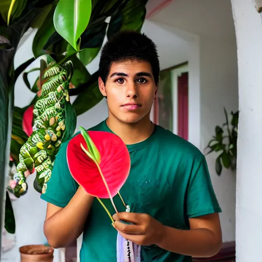 Prompt: a portrait of a peruvian young man surrounded by anthuriums