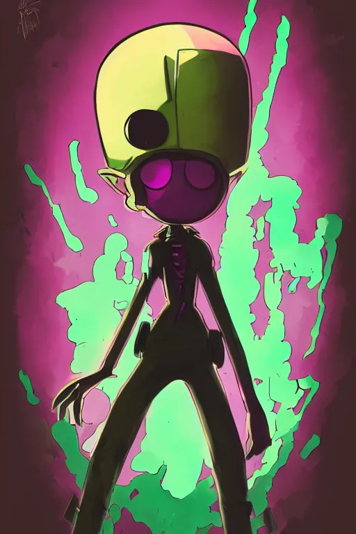 Image similar to portrait concept art painting of alternate reality invader zim, artgerm, moebius, inio asano, toon shading, cel shading, smooth, calm, tranquil, vaporwave colors,