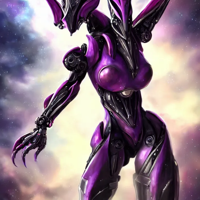 Image similar to cinematic close shot, cosmic sized proportional stunning beautiful hot female warframe, detailed robot mecha female dragon head, metal ears purple eyes, sleek silver armor, fuschia skin, floating in empty space, nebula sized, posing elegantly, epic proportions, epic size, epic scale, furry art, dragon art, giantess art, warframe fanart, furaffinity, deviantart