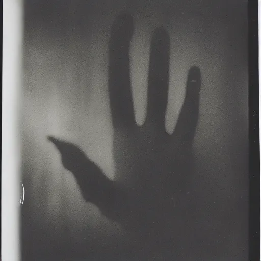 Image similar to old polaroid of a giant demon hand apearing in a dark spot of a room, black and white