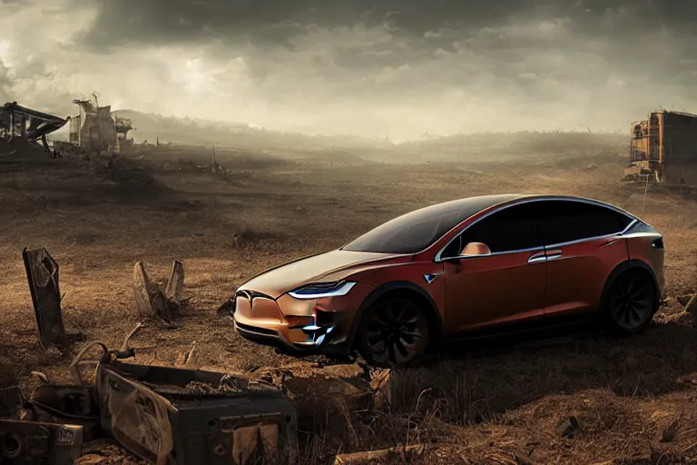 Image similar to Post-apocalyptic photo of a Tesla Model X on a rugged farm in futuristic Iowa, dramatic lighting, cinematic, establishing shot, extremely high detail, photorealistic, cinematic lighting, post-processed, concept art, artstation, matte painting, style by eddie mendoza, raphael lacoste, alex ross