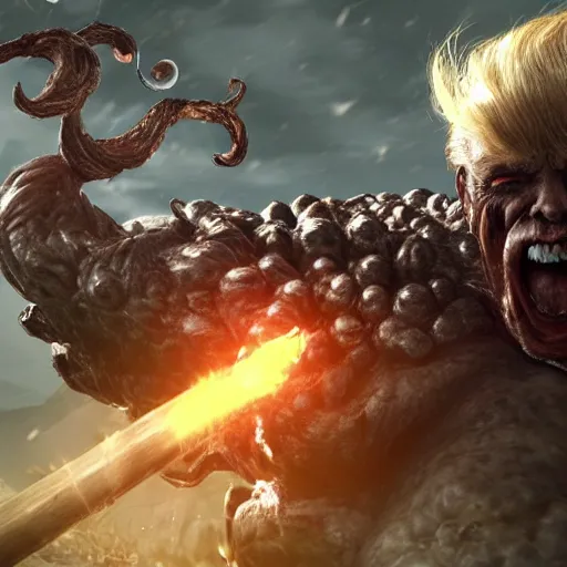 Image similar to Elden Ring gameplay screenshot of the Donald Trump boss fight, he is large and scary and angry, I can’t beat this boss fight