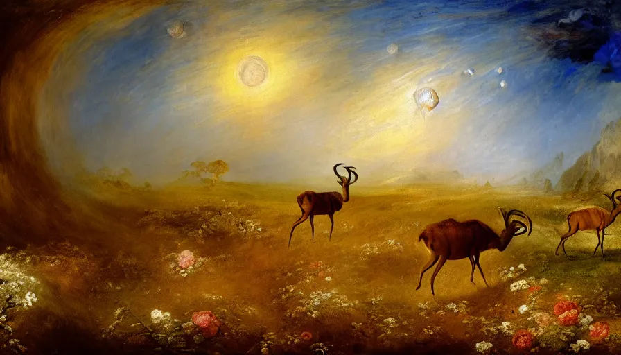 Image similar to highly detailed painting of antelopes in a flower garden on the moon by william turner, thick brush strokes and visible paint layers, 4 k resolution