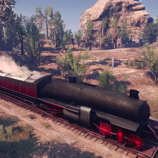 Image similar to futuristic sleek steam locomotive in red dead redemption 2