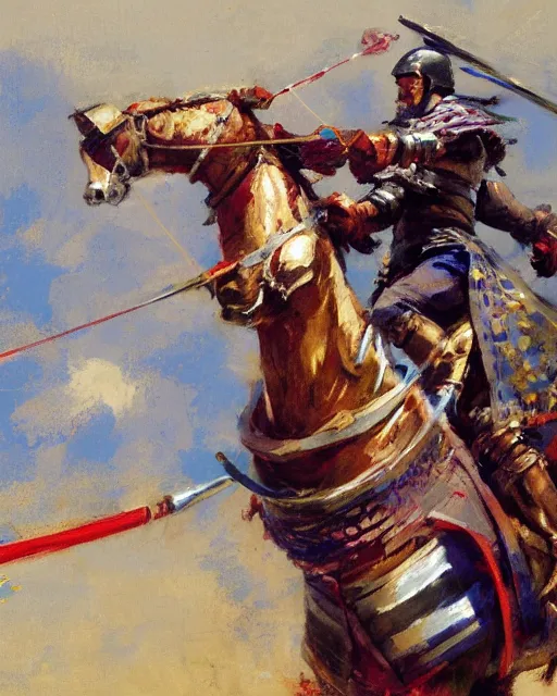 Image similar to close - up portrait of colorful rider pointing jousting lance at camera, caparisons, galloping, chainmail, by greg manchess, bernie fuchs, ruan jia, walter everett