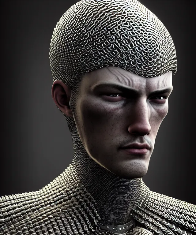 Image similar to hyperrealistic mixed media painting of a stoic male fighter, stunning 3d render inspired art by P. Craig Russell and Barry Windsor-Smith + perfect facial symmetry + dim volumetric lighting, ornate chainmail armor, head and shoulders, d&d, arms crossed, 8k octane beautifully detailed render, post-processing, extremely hyperdetailed, intricate, epic composition, grim yet sparkling atmosphere, cinematic lighting + masterpiece, trending on artstation, very very detailed, masterpiece, stunning