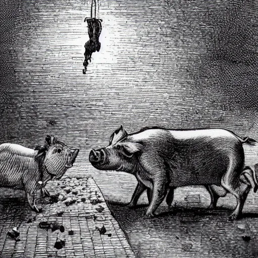 Image similar to Squealer the pig walking on his hind legs, creepy atmosphere, close-up, illustration by Gustave Doré, Animal Farm by George Orwell