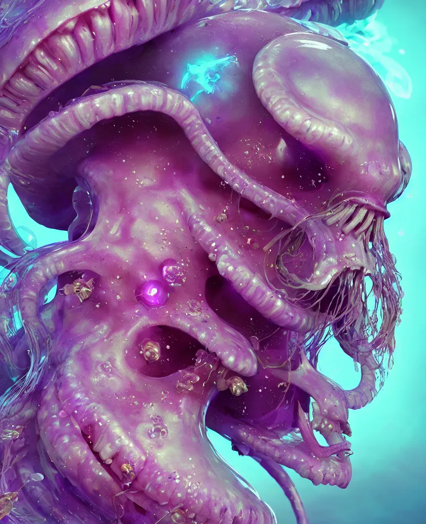 Image similar to goddess princess face close-up portrait ram skull. jellyfish phoenix head, nautilus, orchid, skull, betta fish, bioluminiscent creatures, intricate artwork by Tooth Wu and wlop and beeple. octane render, trending on artstation, greg rutkowski very coherent symmetrical artwork. cinematic, hyper realism, high detail, octane render, 8k