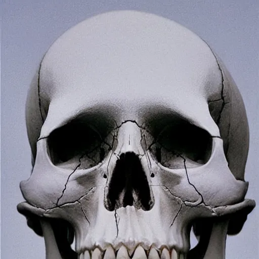 Image similar to A beautiful performance art of a skull that is part organic, part mechanic. It is an accurate representation of how the artist sees the world. by Gottfried Helnwein saturated