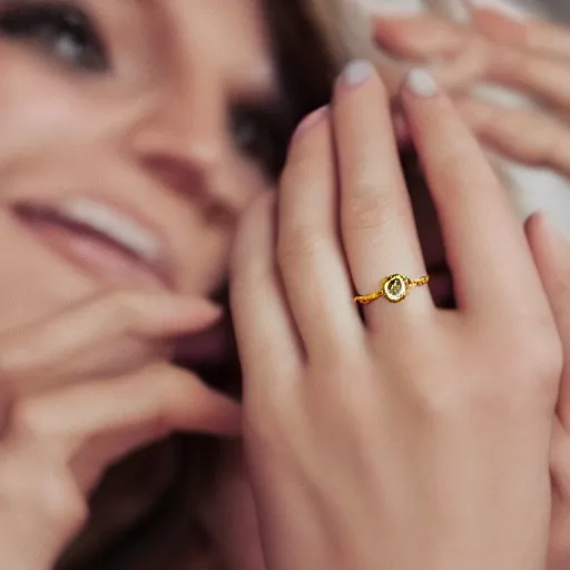 Image similar to super detailed studio photo of golden ring on female finger on female hand, macro