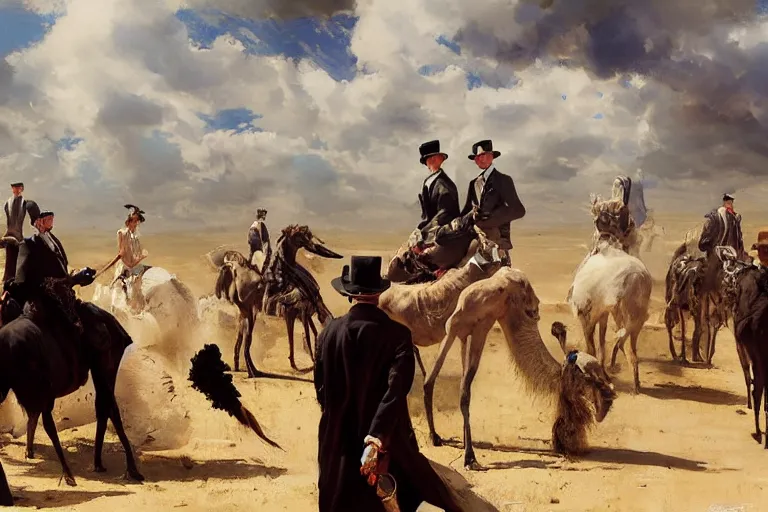 Prompt: portrait of a respectable dignified royal business elite politicians in top hats and coat tails riding on ostriches in the sahara desert throwing vanilla icecream cones at each other, art by anders zorn, wonderful masterpiece by greg rutkowski, beautiful cinematic light, american romanticism by greg manchess, jessica rossier