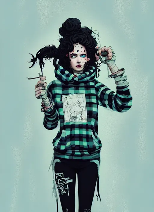 Image similar to highly detailed portrait of a sewer punk lady, tartan hoody, ringlet hair by atey ghailan, by greg rutkowski, by greg tocchini, by james gilleard, by joe fenton, by kaethe butcher, gradient light blue, black, cream and white color scheme, grunge aesthetic!!! ( ( graffiti tag wall background ) )